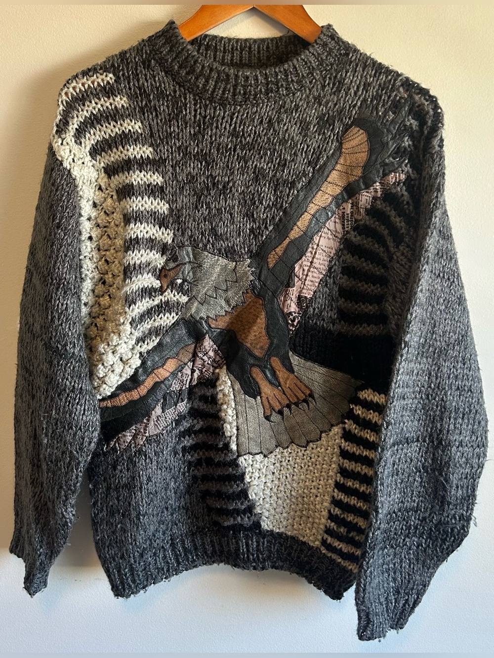 Vintage 80s Nordic Knit Embroidered Eagle Acrylic Dark Gray Chunky Knit Sweater